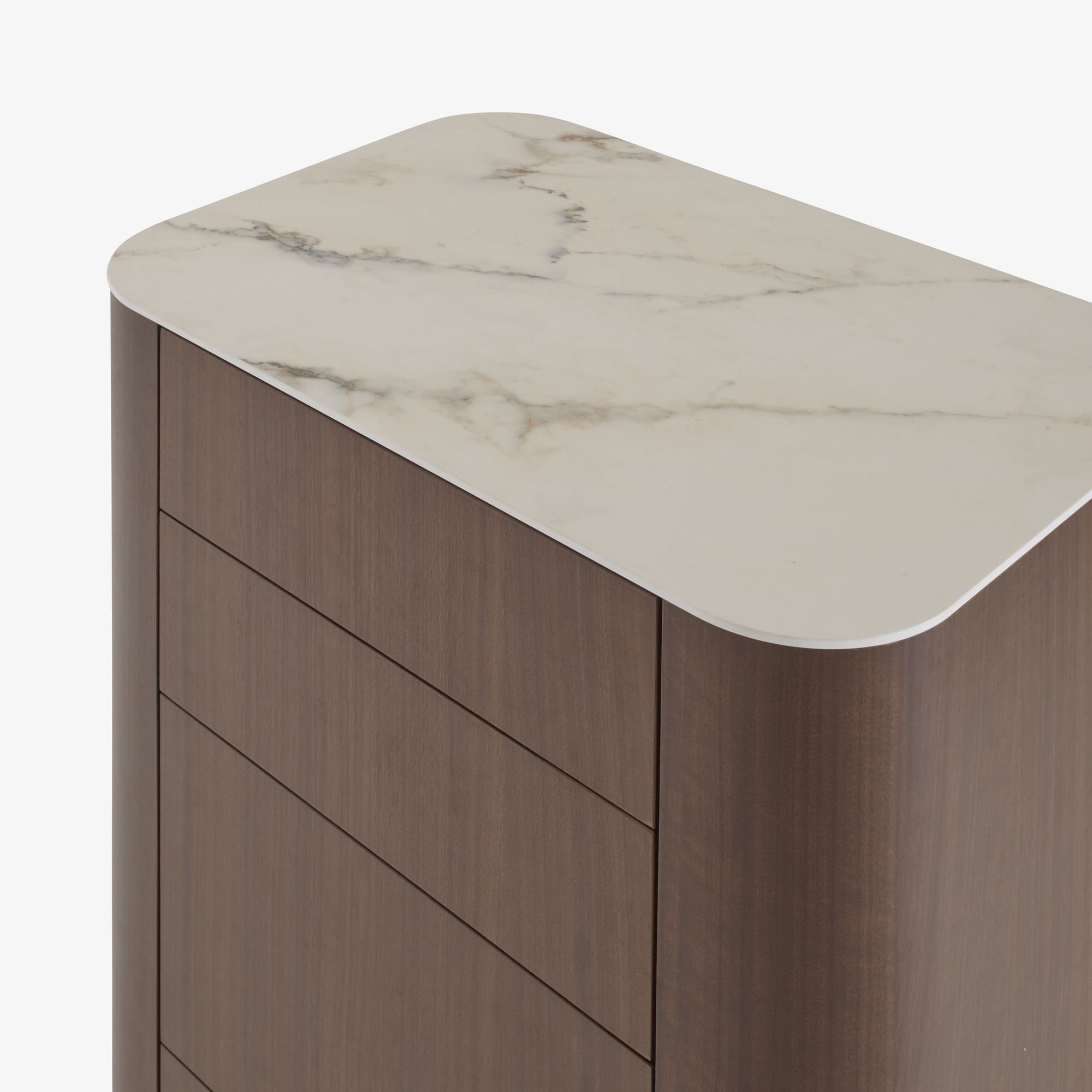 Image 带多个抽屉的柜子 深色胡桃木 桌面由白色大理石效果的太空瓷制成 6