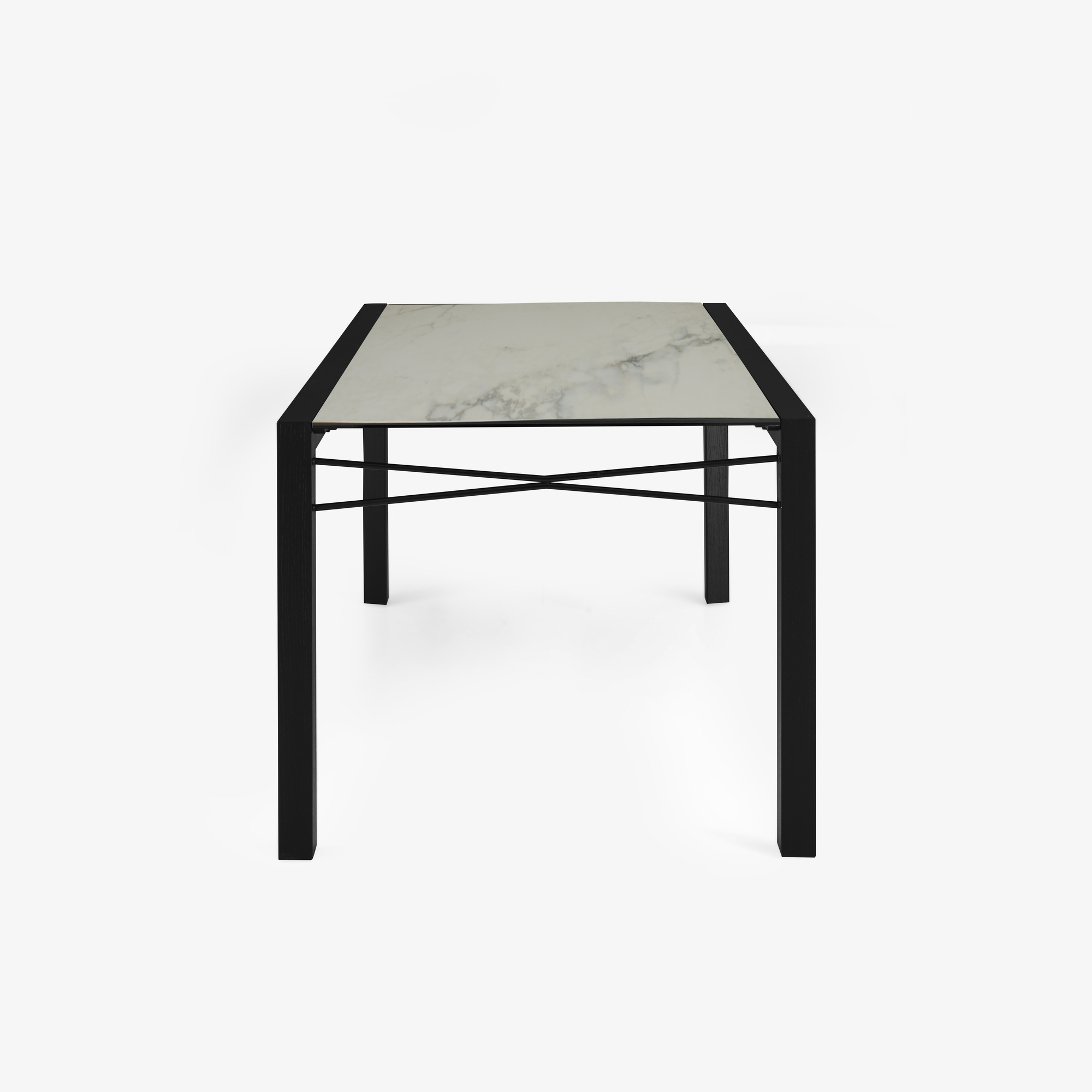 Image Table de repas plateau grès cérame aspect marbre blanc piétement frêne teinté noir 3