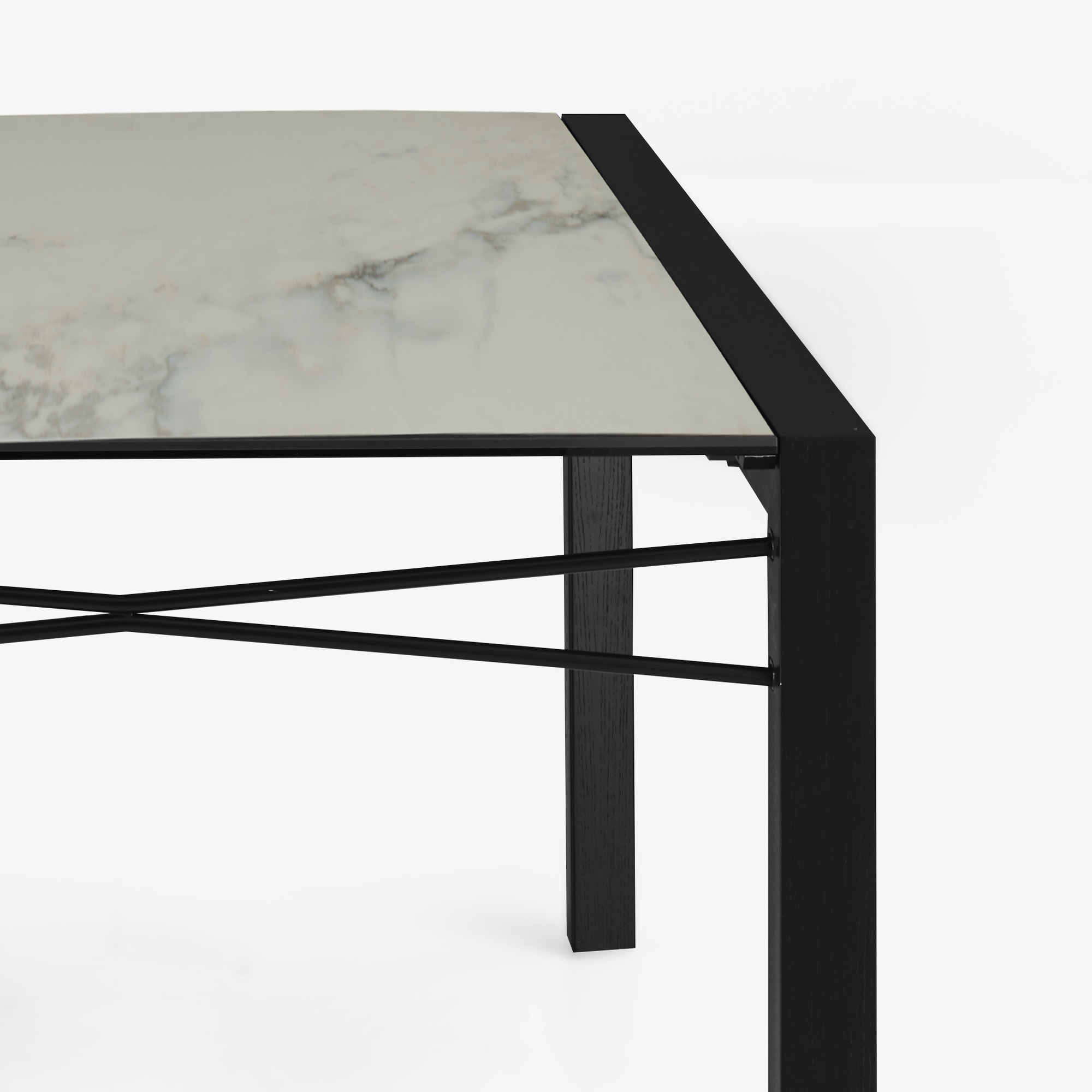 Image Table de repas plateau grès cérame aspect marbre blanc piétement frêne teinté noir 6