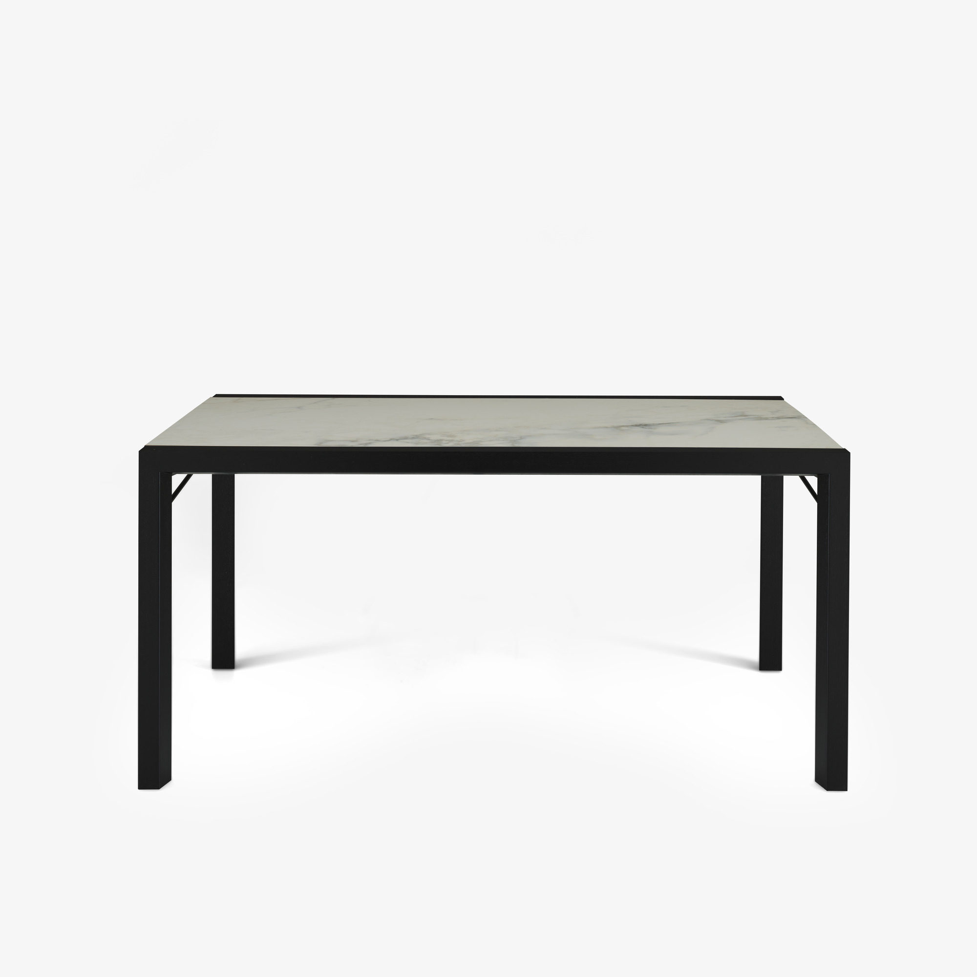 Image Table de repas plateau grès cérame aspect marbre blanc piétement frêne teinté noir 1