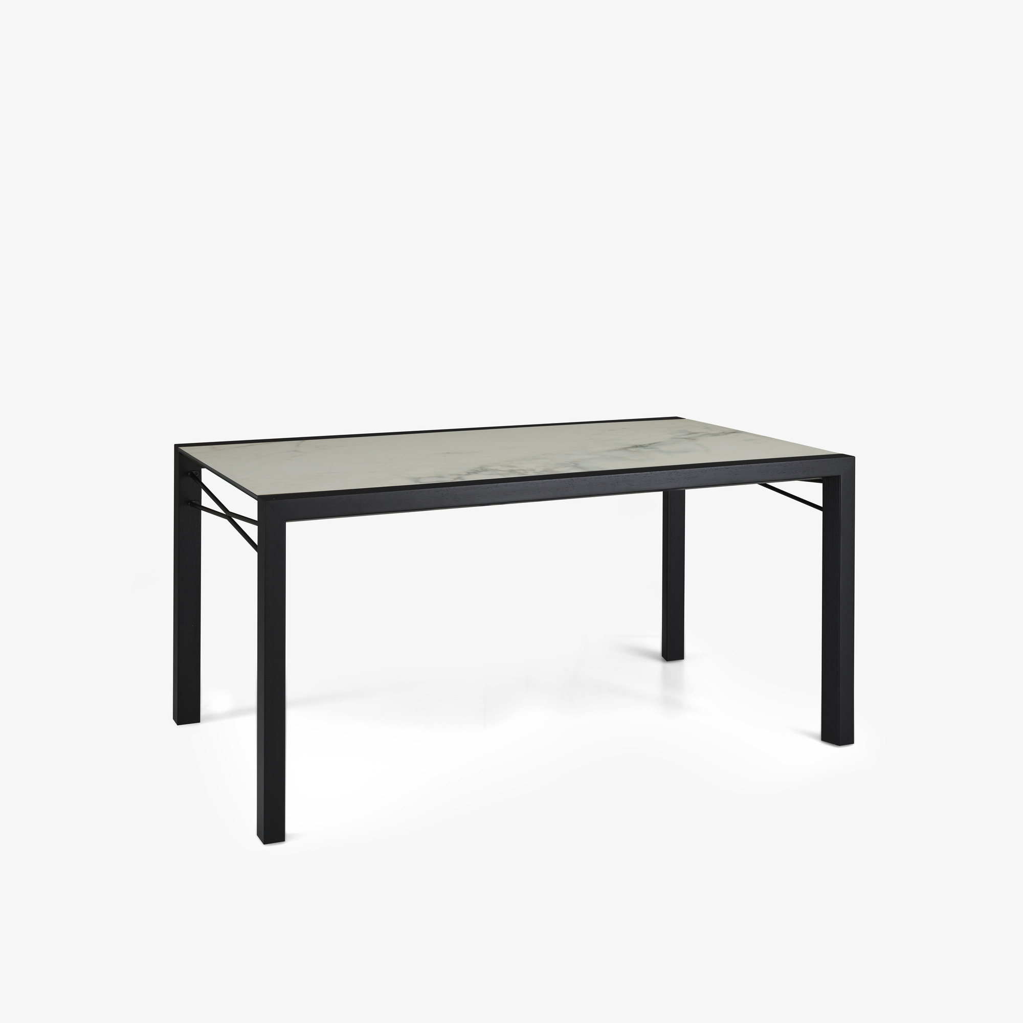 Image Table de repas plateau grès cérame aspect marbre blanc piétement frêne teinté noir 2