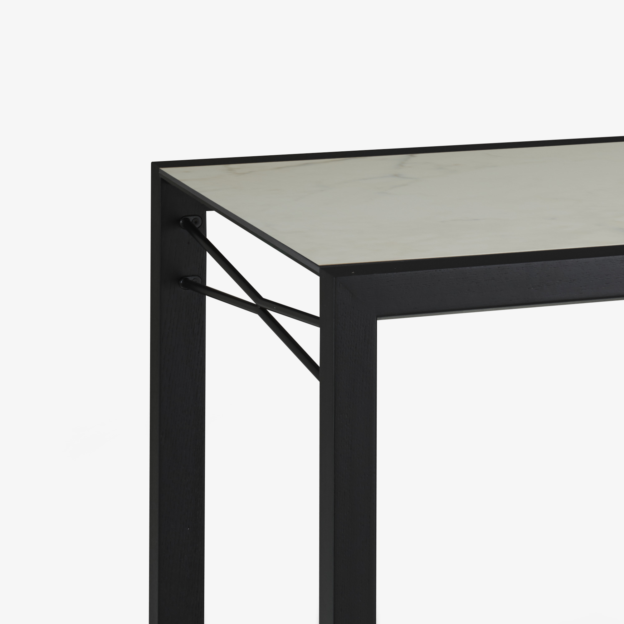 Image Table de repas plateau grès cérame aspect marbre blanc piétement frêne teinté noir 5